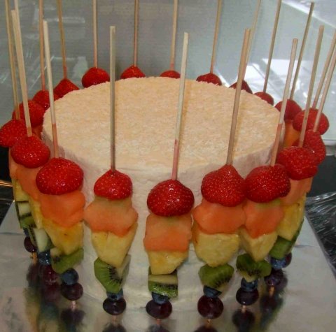 Surprise Rainbow Cake with Fresh Fruit Kebabs